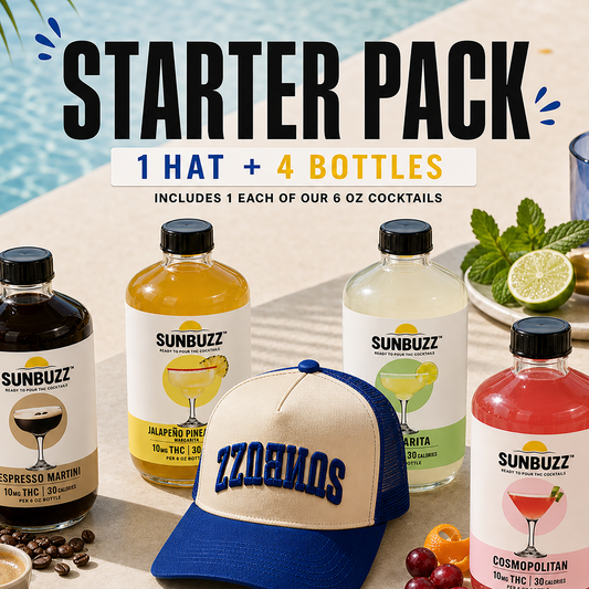 Sunbuzz Starter Pack promotional image showing five bottled cocktails arranged on a patio beside a pool, with a blue and cream ZZOBIOS cap in front. Large text reads 'STARTER PACK' and '1 HAT + 4 BOTTLES,' with bottle labels for Espresso Martini, Island Spice Margarita, Citra Lime, Cosmopolitan, and a dark cocktail.